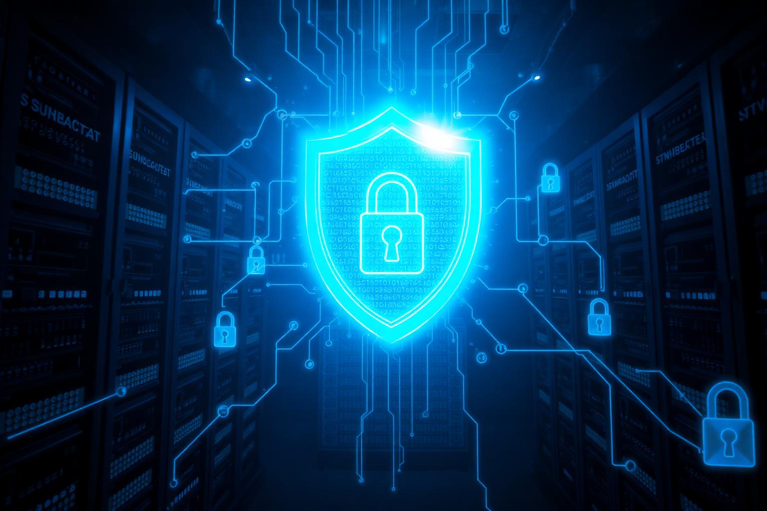IT-Sicherheit für Unternehmen: Schutzschild über Server-Racks symbolisiert Cyberabwehr, DSGVO und Datenschutz für KMU